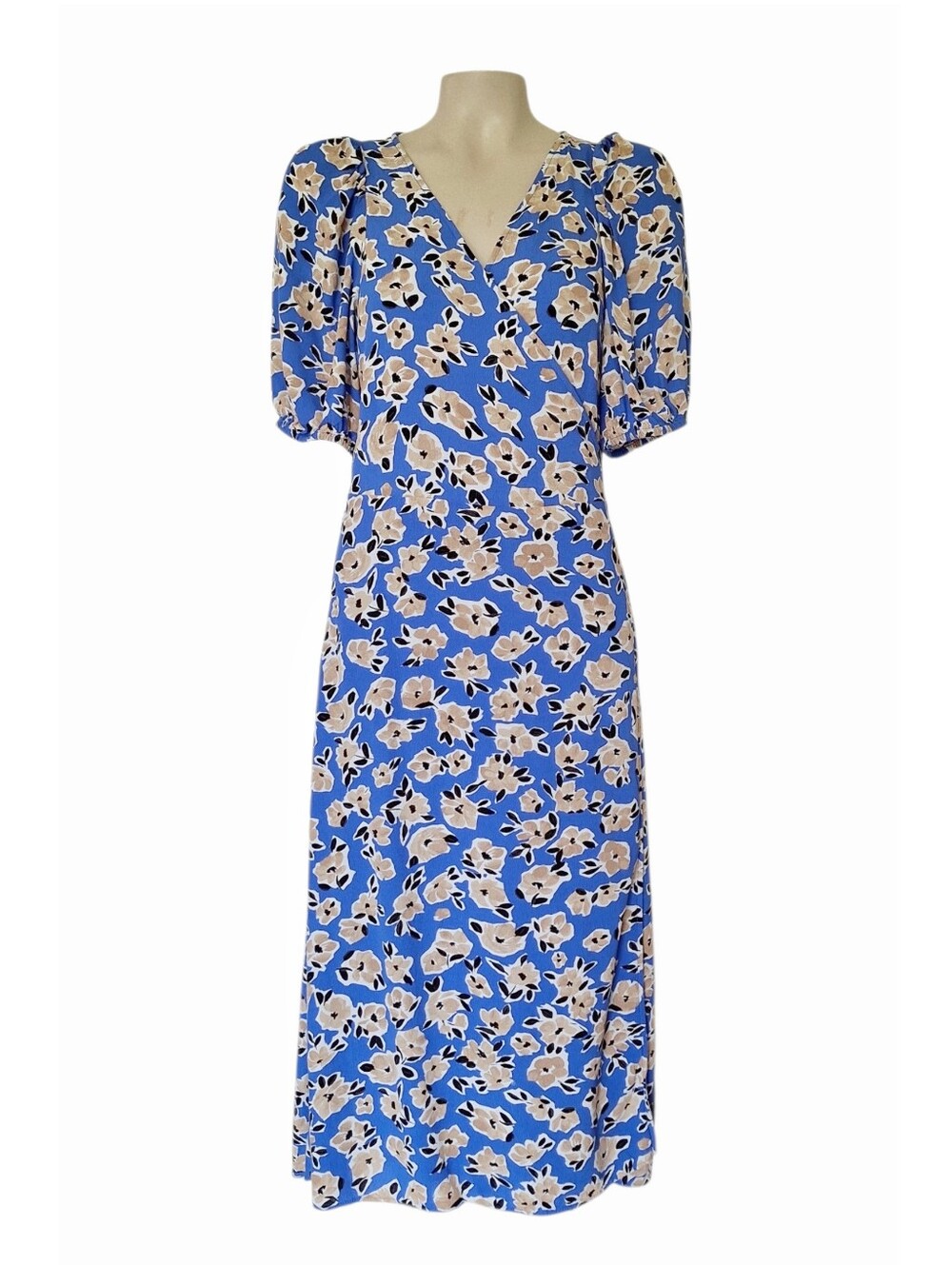 Ann Taylor Blue Floral Wrap Dress Size 8 Puff Sleeve V-Neck Midi